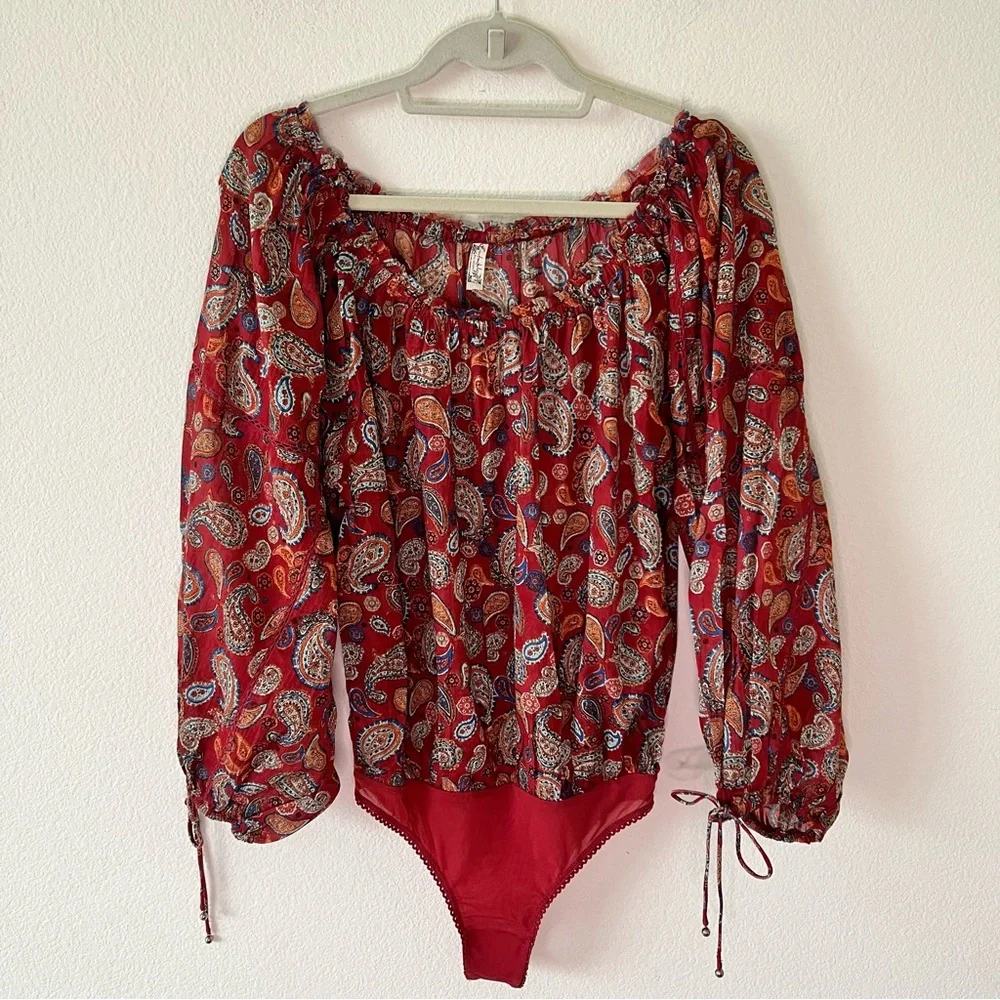 NWOT Free People Sundown Paisley Off Shoulder Bodysuit Red Vintage Combo XS/S